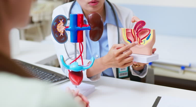 closeup asian female doctor explains urinary system problems using 3d human model - patient may suffer from incontinence and kidney weakness